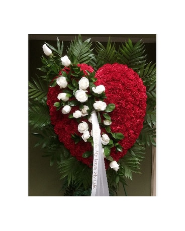 HEART RED CARNS WHITE ROSES